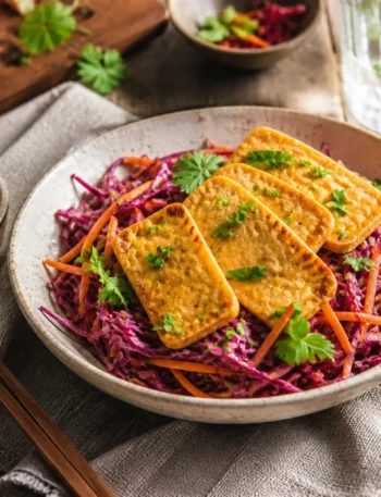 Poke bowl proteica con tofu dorato, cavolo rosso e carote