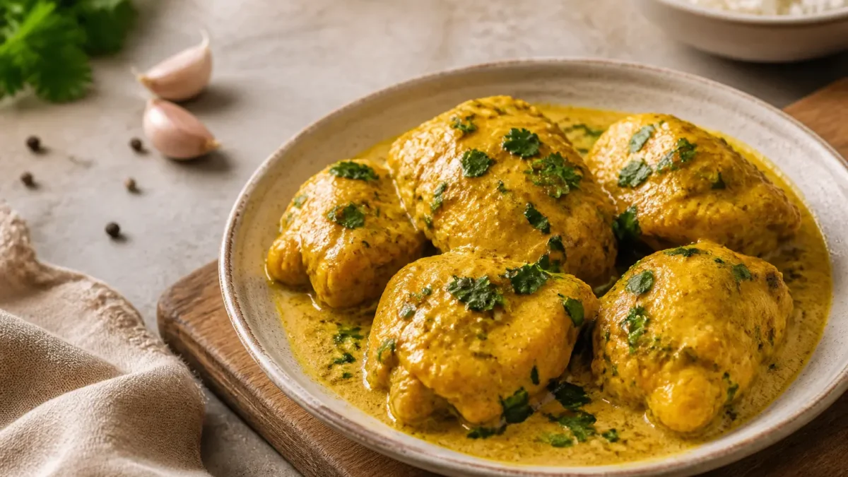 Pollo al forno con curry e yogurt greco servito con salsa cremosa e coriandolo