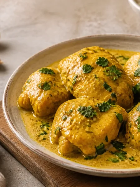 Pollo al forno con curry e yogurt greco servito con salsa cremosa e coriandolo