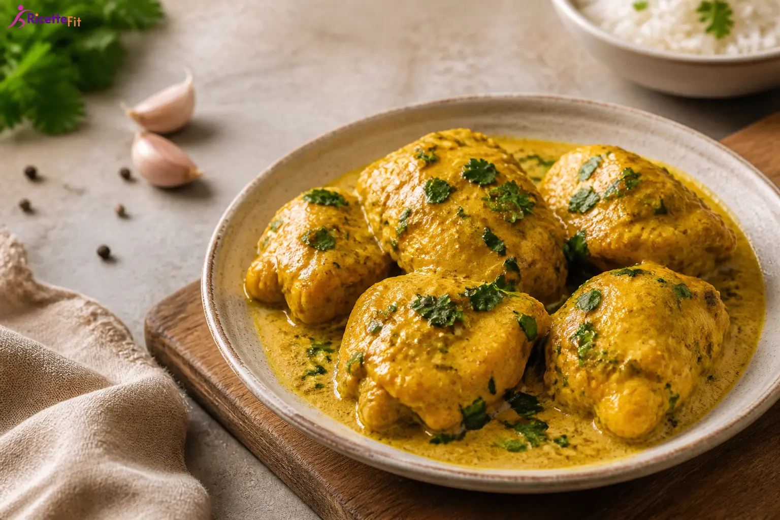 Pollo al forno con curry e yogurt greco servito con salsa cremosa e coriandolo