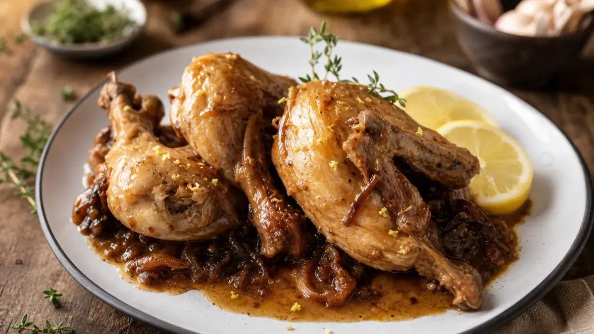 Pollo al limone e zenzero con cipolle caramellate light nel piatto