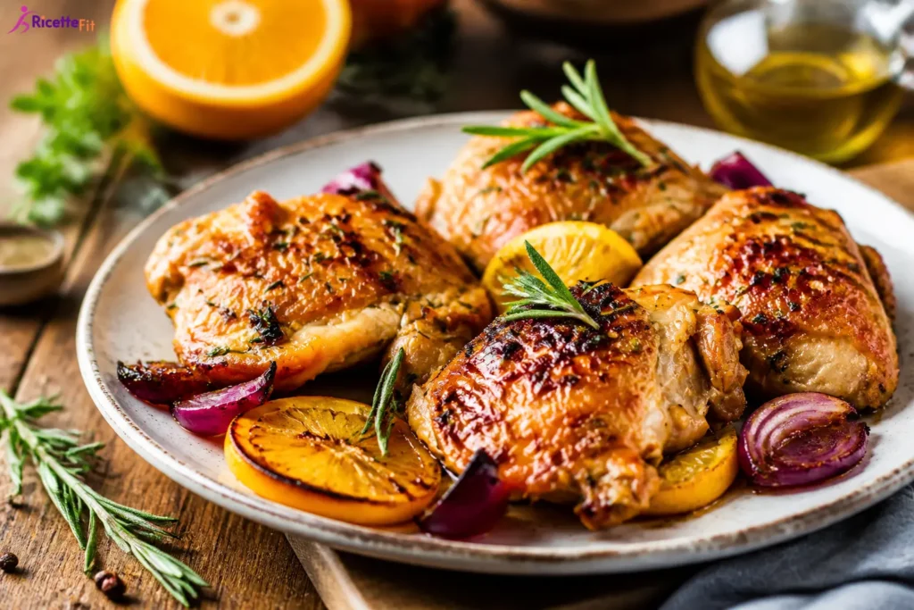 Pollo all’arancia al forno con sovracosce dorate, cipolla rossa e rosmarino