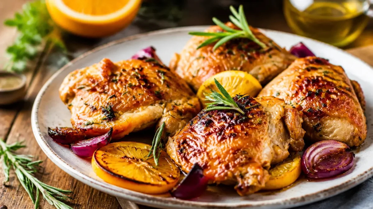 Pollo all’arancia al forno con sovracosce dorate, cipolla rossa e rosmarino