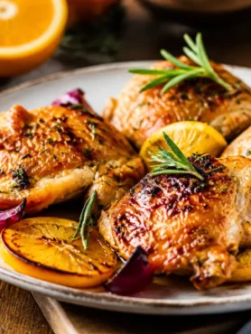 Pollo all’arancia al forno con sovracosce dorate, cipolla rossa e rosmarino