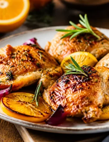 Pollo all’arancia al forno con sovracosce dorate, cipolla rossa e rosmarino