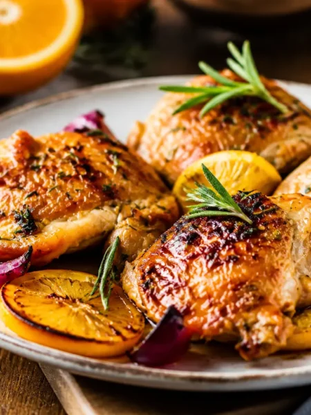 Pollo all’arancia al forno con sovracosce dorate, cipolla rossa e rosmarino