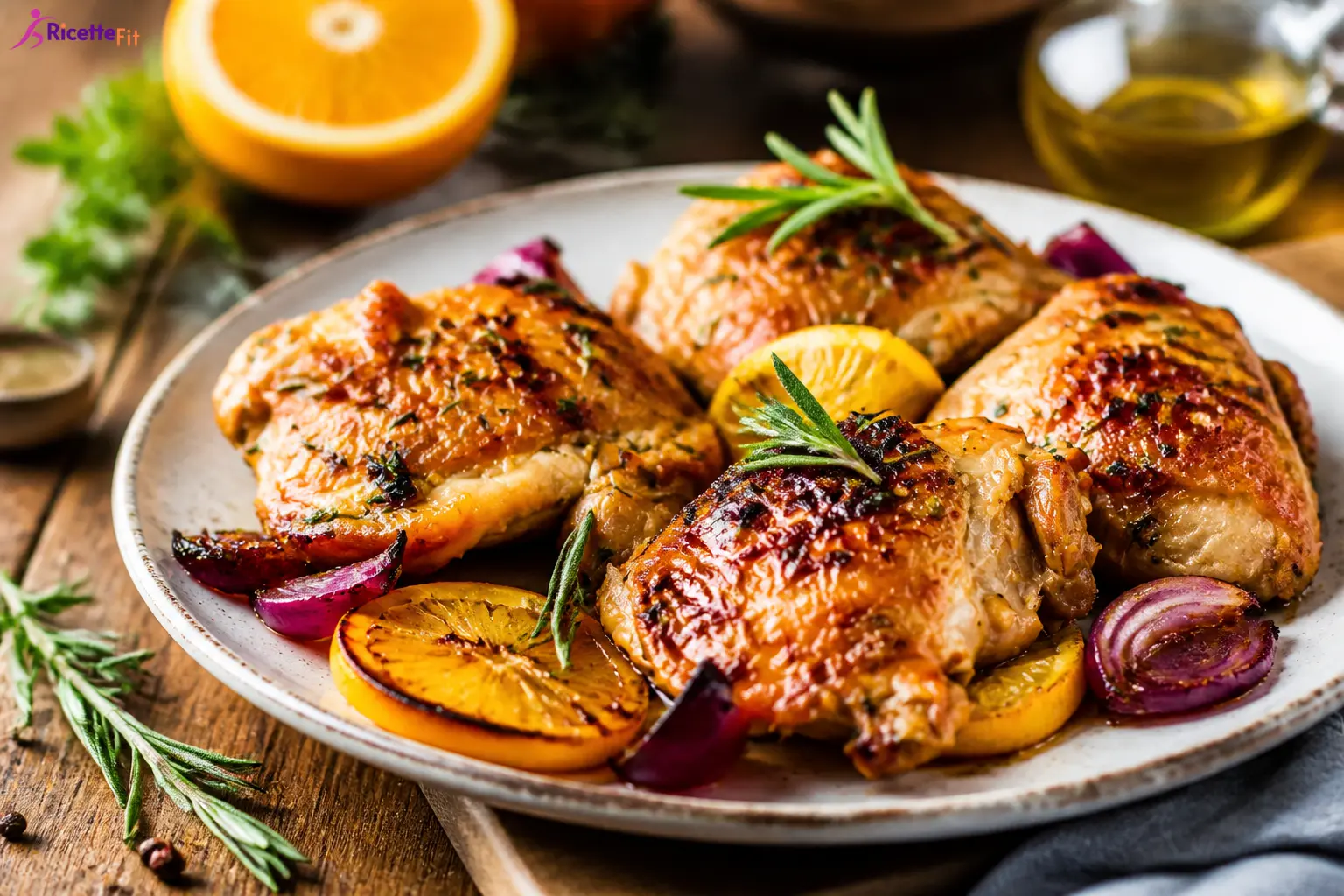 Pollo all’arancia al forno con sovracosce dorate, cipolla rossa e rosmarino