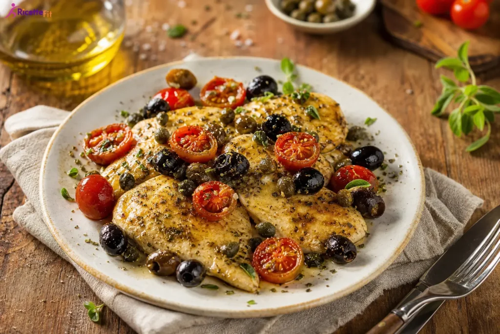 Pollo alla mediterranea fit con pomodorini, olive nere e capperi