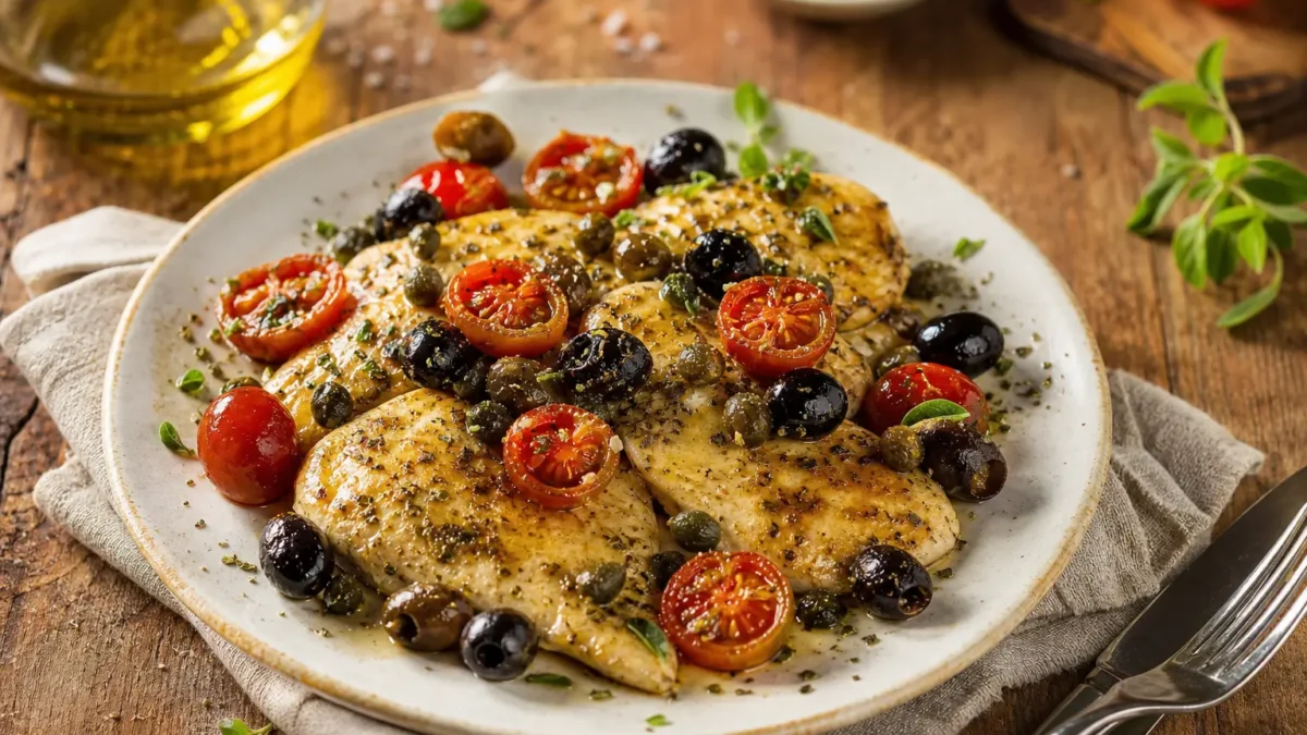 Pollo alla mediterranea fit con pomodorini, olive nere e capperi