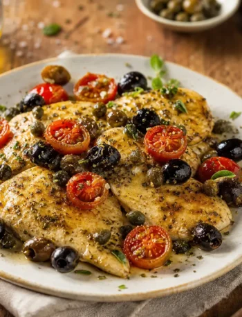 Pollo alla mediterranea fit con pomodorini, olive nere e capperi
