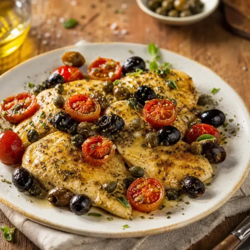 Pollo alla mediterranea con pomodorini, olive e capperi