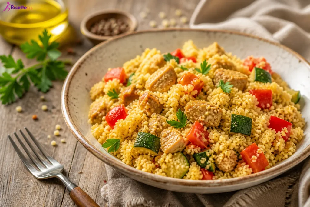 Cous cous integrale con pollo alla paprika, zucchine e peperone rosso