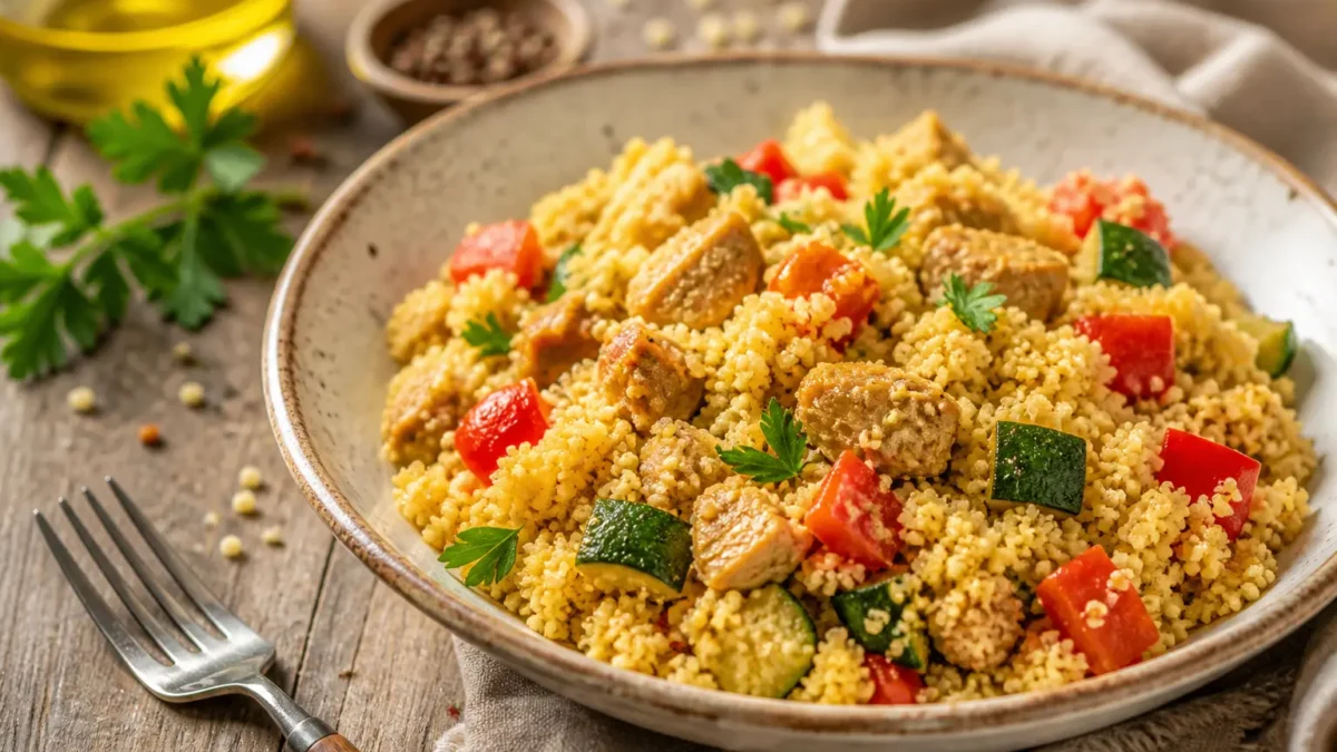 Cous cous integrale con pollo alla paprika, zucchine e peperone rosso