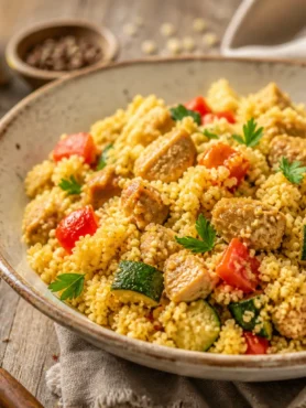 Cous cous integrale con pollo alla paprika, zucchine e peperone rosso