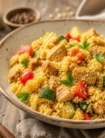 Cous cous integrale con pollo alla paprika, zucchine e peperone rosso