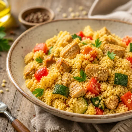 Pollo alla paprika con cous cous alle zucchine e salsa aioli fit
