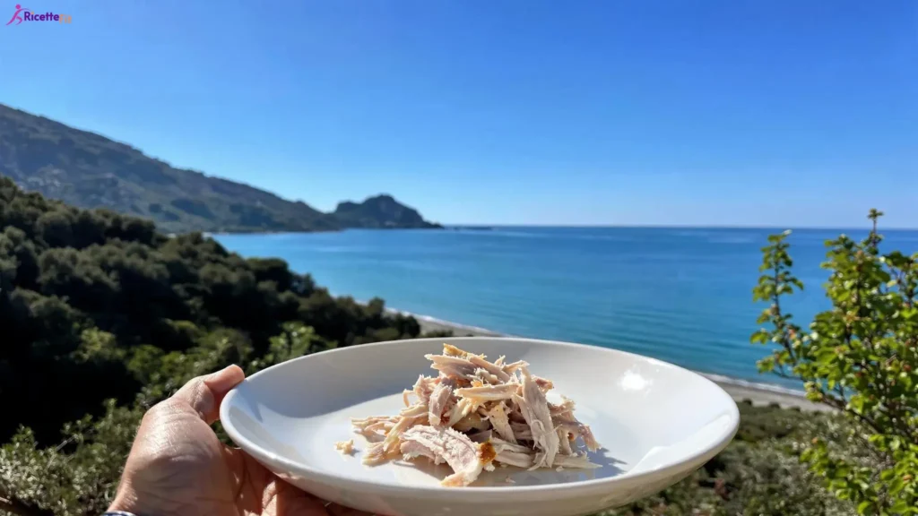 Pollo sfilacciato senza grassi in piatto bianco vista mare a Cefalù