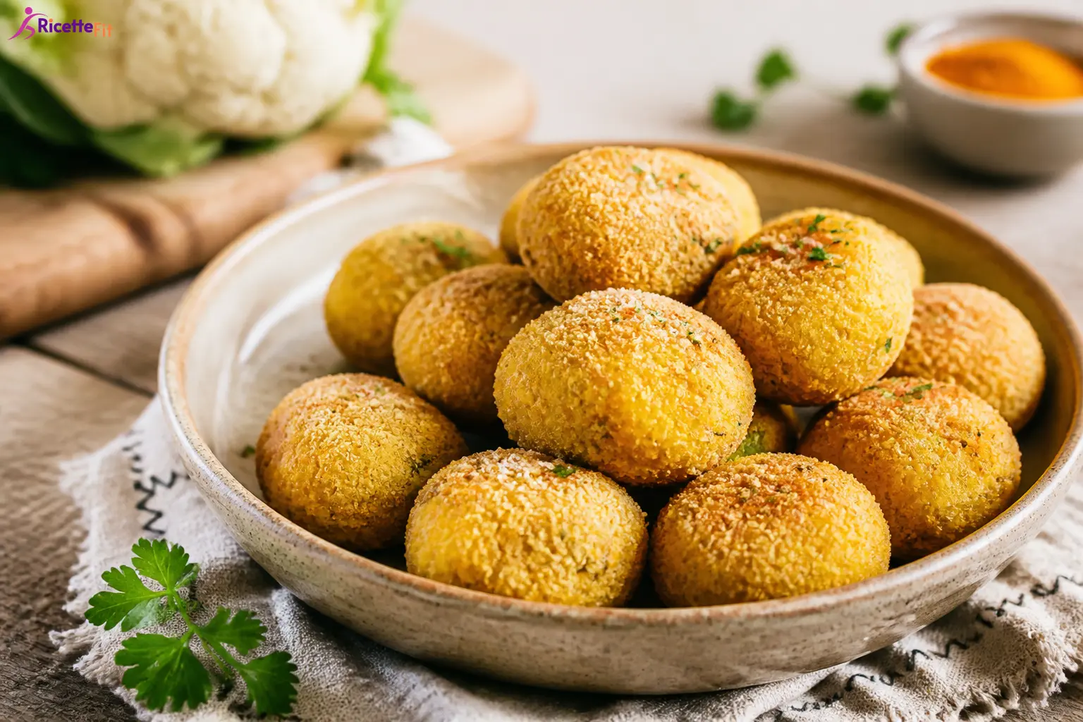 Polpette di cavolfiore al curry dorate al forno in ciotola