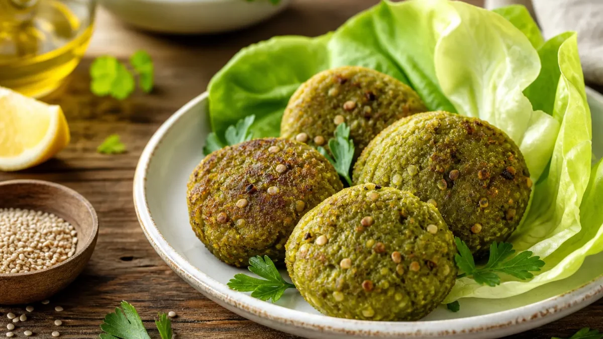 Polpette di piselli con feta e sesamo servite su lattuga