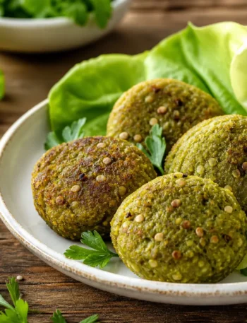 Polpette di piselli con feta e sesamo servite su lattuga