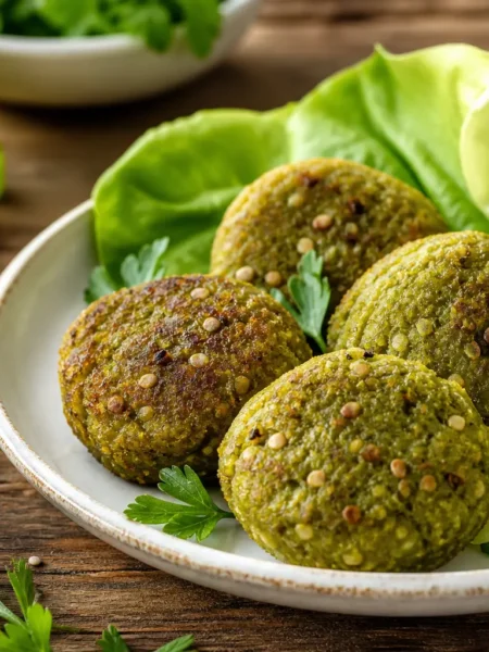 Polpette di piselli con feta e sesamo servite su lattuga