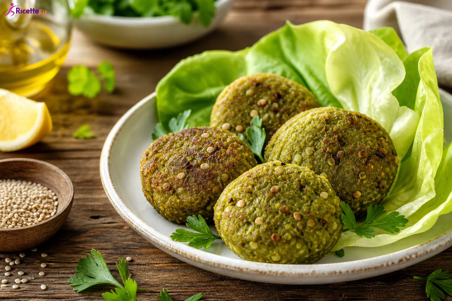 Polpette di piselli con feta e sesamo