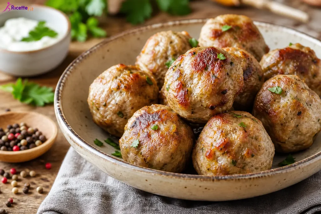Polpette di tacchino al forno dorate con prezzemolo e salsa allo yogurt