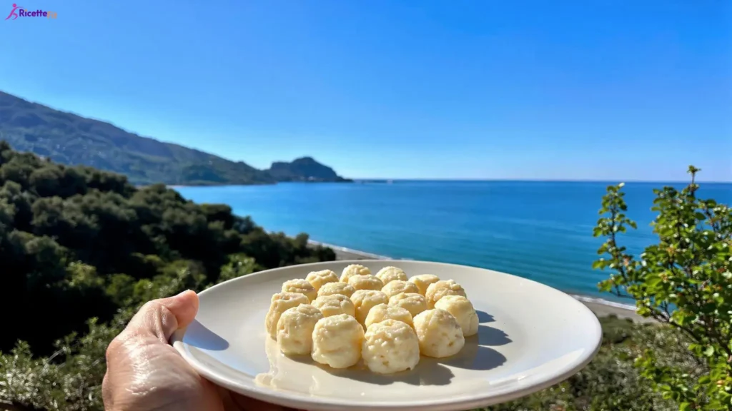 Polpette low carb allo yogurt su piatto bianco vista mare a Cefalù