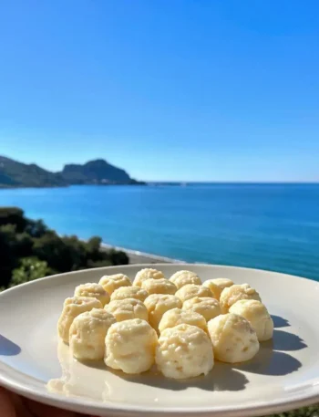 Polpette low carb allo yogurt su piatto bianco vista mare a Cefalù