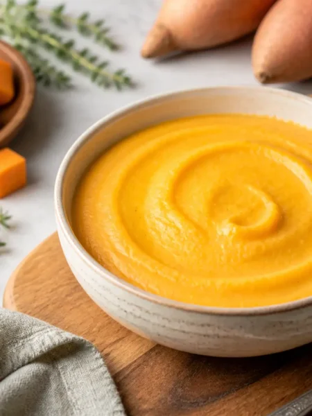 Purè senza patate con batata, zucca e carote in ciotola