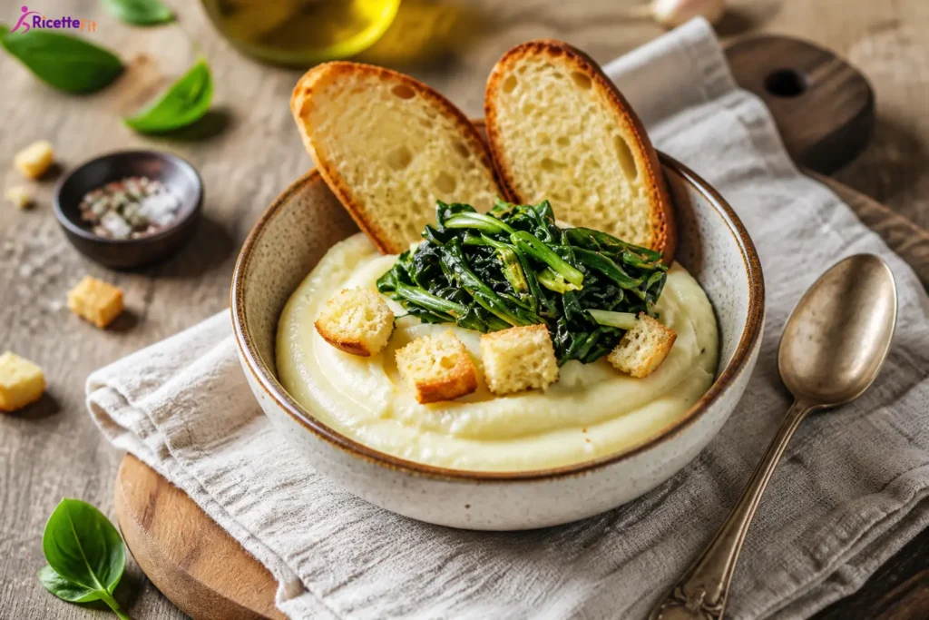 Purea di fave e cicoria con crostini integrali in ciotola
