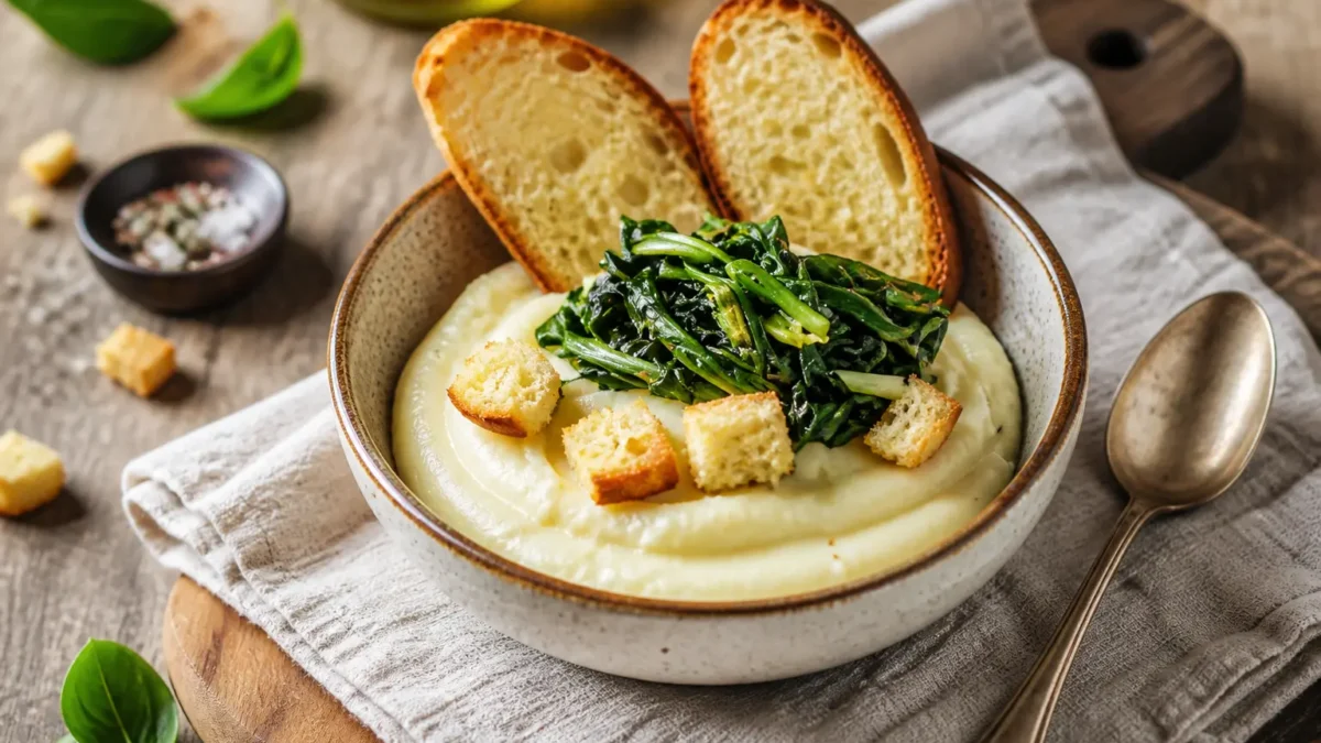 Purea di fave e cicoria con crostini integrali in ciotola