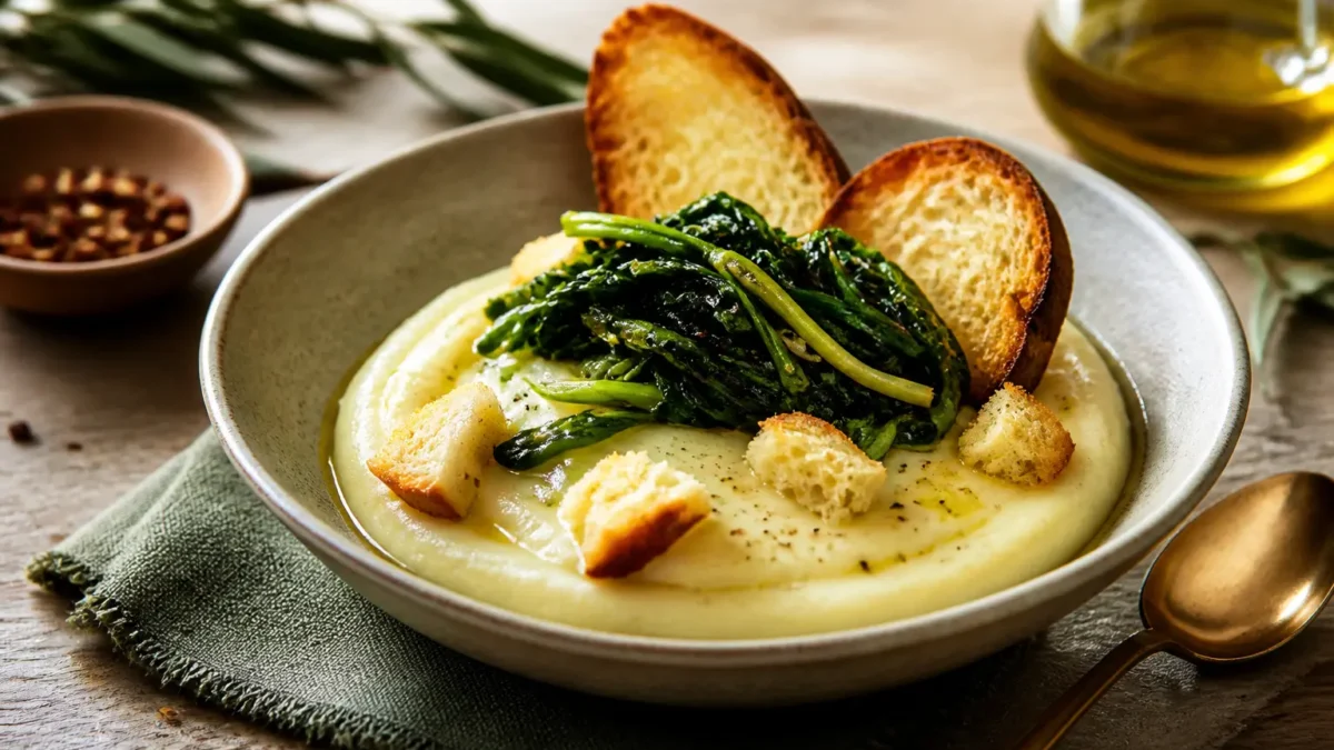 Purea di fave e cicoria con crostini integrali in piatto fondo