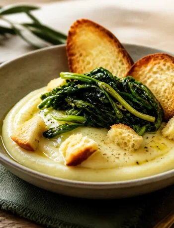 Purea di fave e cicoria con crostini integrali in piatto fondo