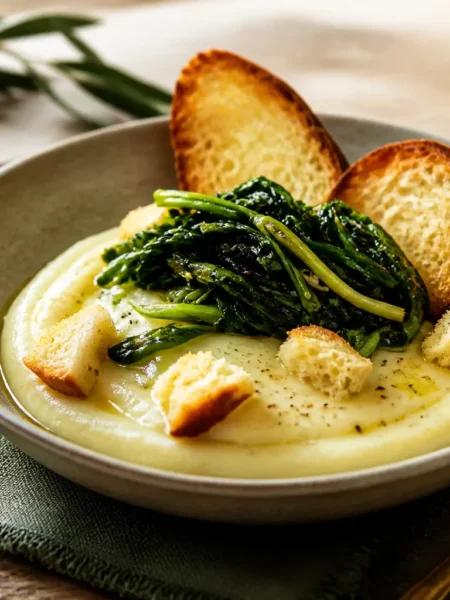 Purea di fave e cicoria con crostini integrali in piatto fondo