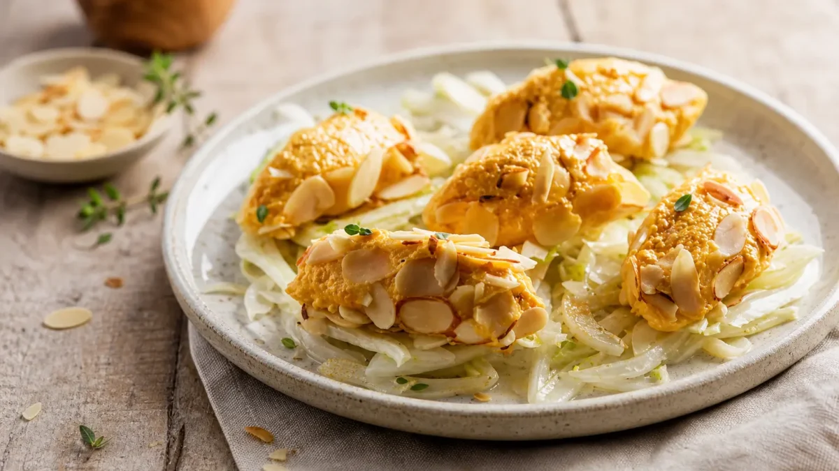 Quenelle salate di carote e mandorle su letto di finocchi stufati