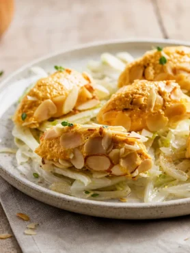 Quenelle salate di carote e mandorle su letto di finocchi stufati
