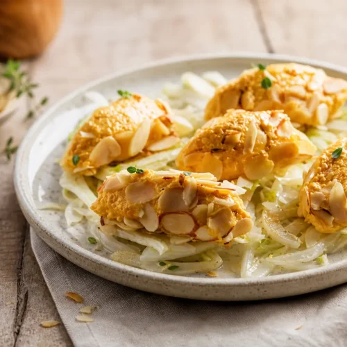 Quenelle salate di carote e mandorle su finocchi stufati