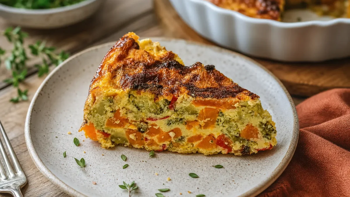 Fetta di quiche proteica alle verdure con zucca e broccoli