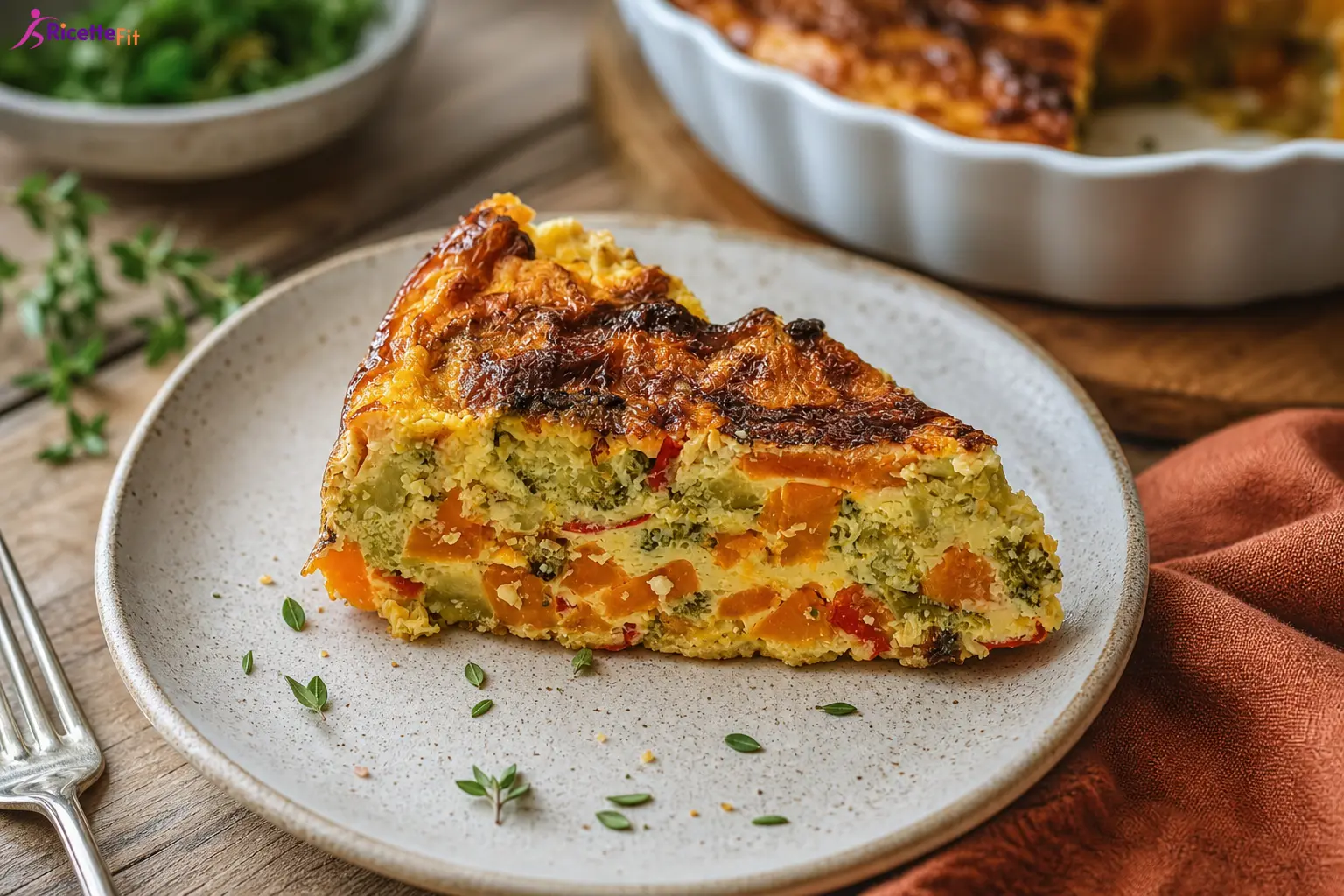 Fetta di quiche proteica alle verdure con zucca e broccoli