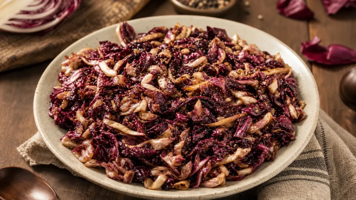 Radicchio in padella con cipolla rossa e aceto balsamico