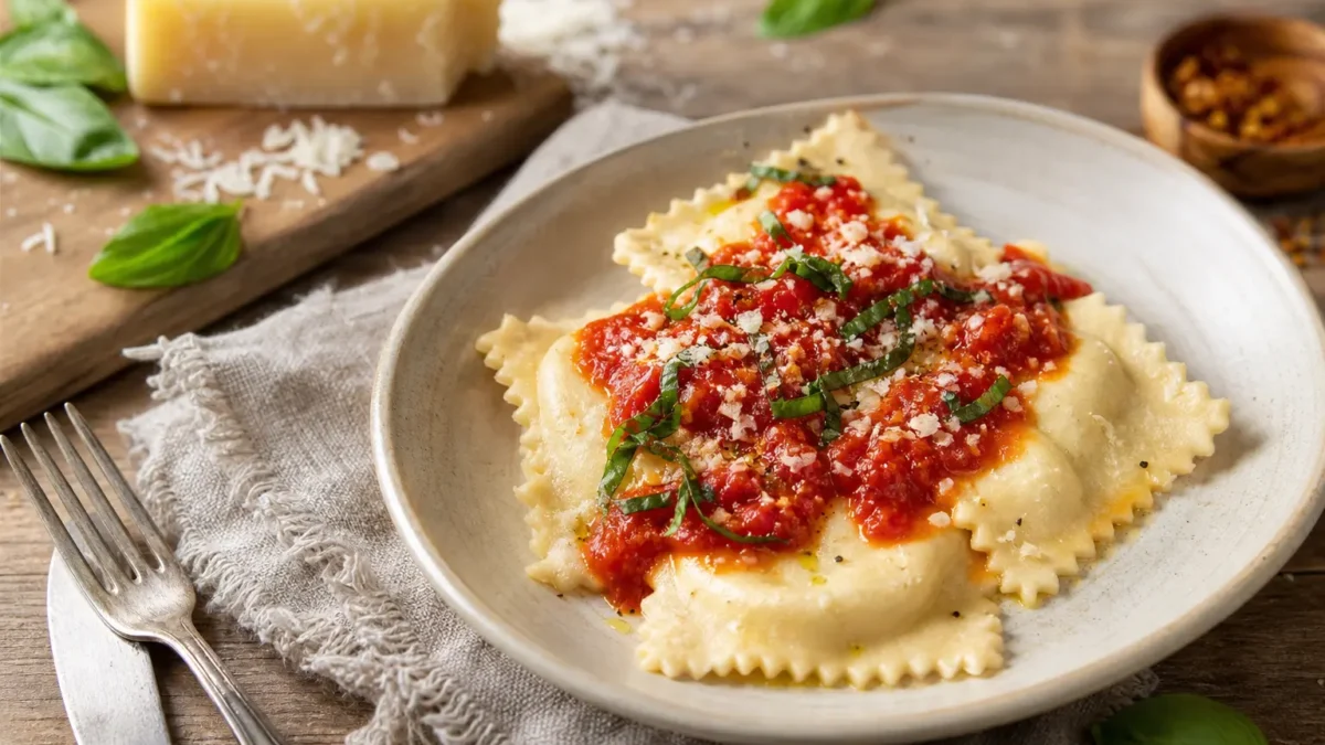 Ravioli integrali con baccalà mantecato light, pomodoro e basilico