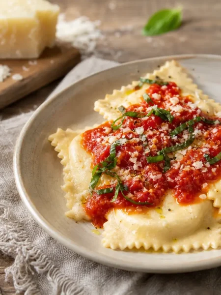 Ravioli integrali con baccalà mantecato light, pomodoro e basilico