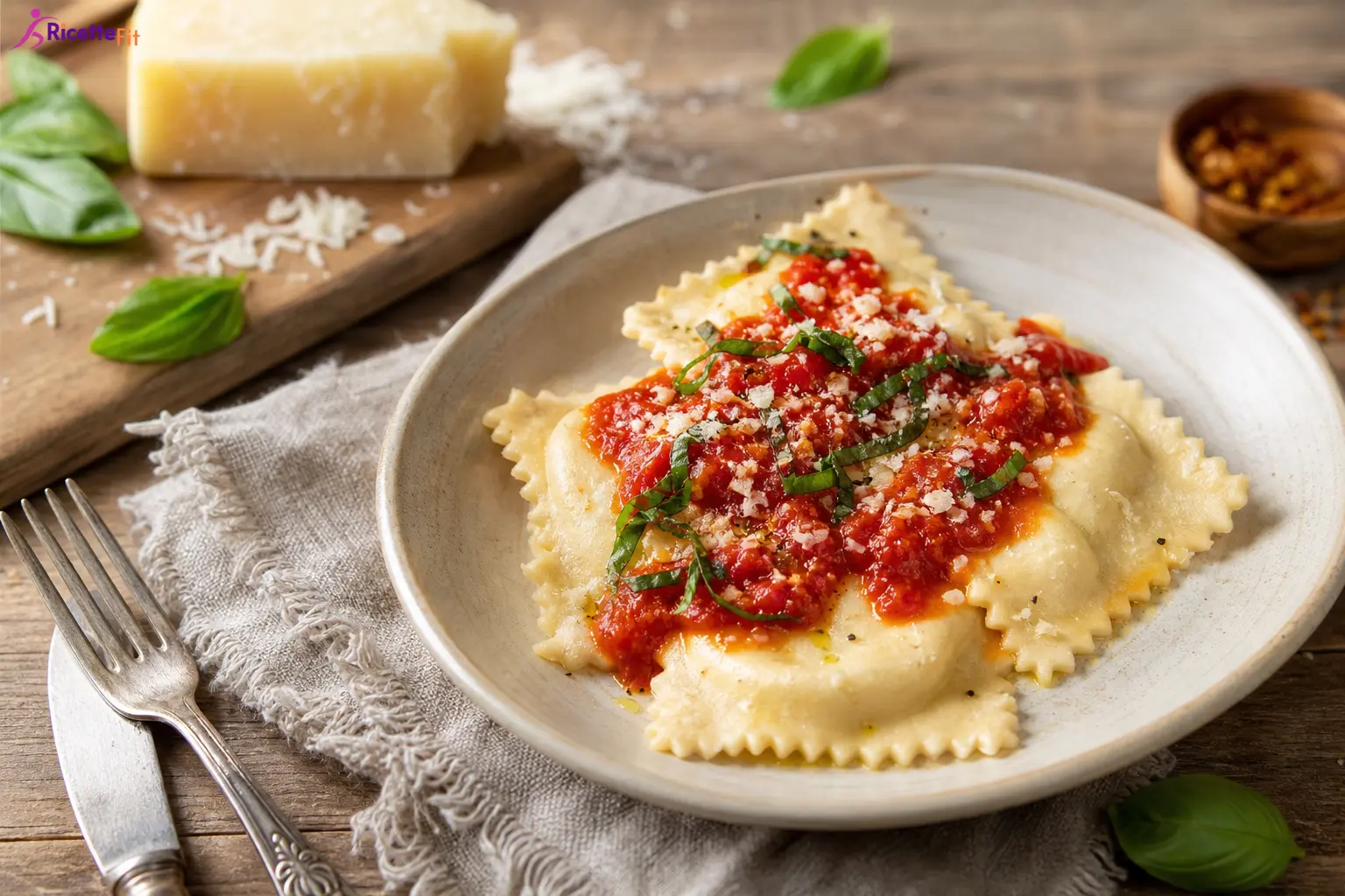 Ravioli integrali con baccalà mantecato light, pomodoro e basilico