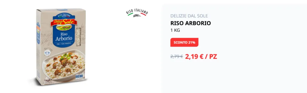 Confezione di riso Arborio Delizie dal Sole da 1 kg in offerta Eurospin a 2,19 euro con sconto del 21%.