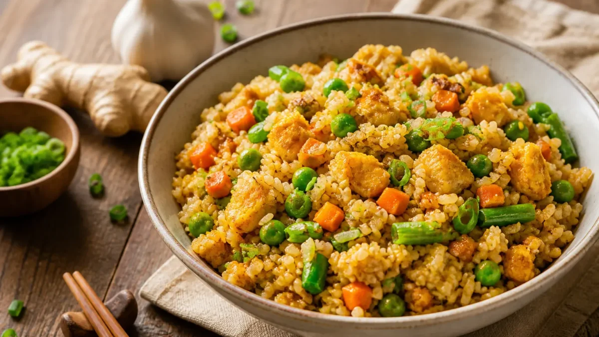 Riso integrale con tofu alla soia, piselli, carote e fagiolini