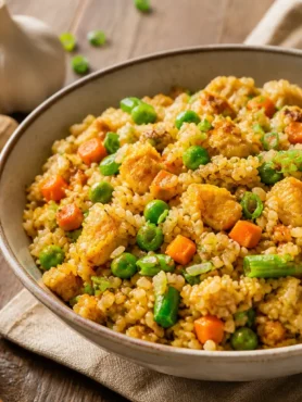 Riso integrale con tofu alla soia, piselli, carote e fagiolini