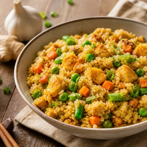 Riso con tofu alla soia e verdure