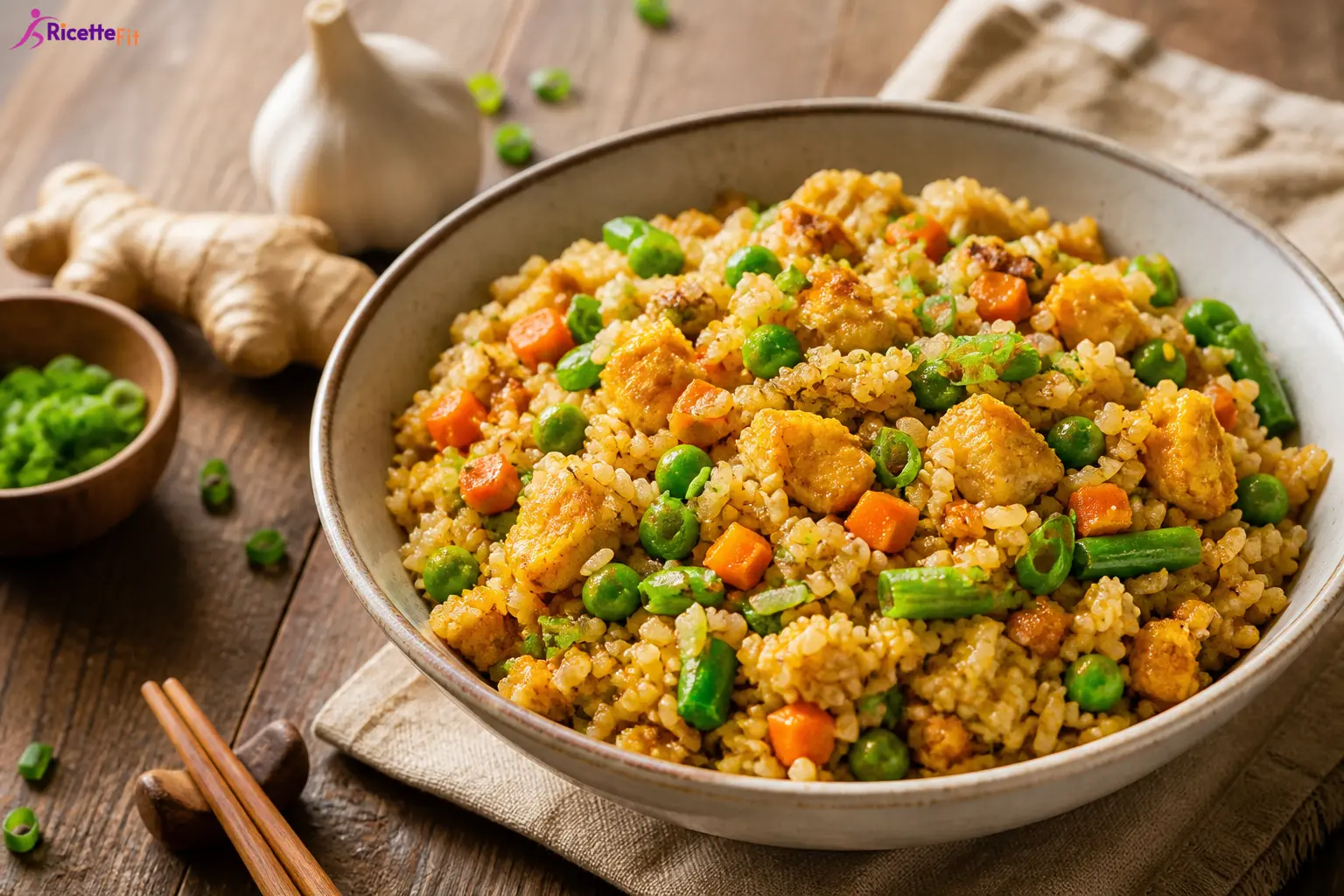Riso integrale con tofu alla soia, piselli, carote e fagiolini