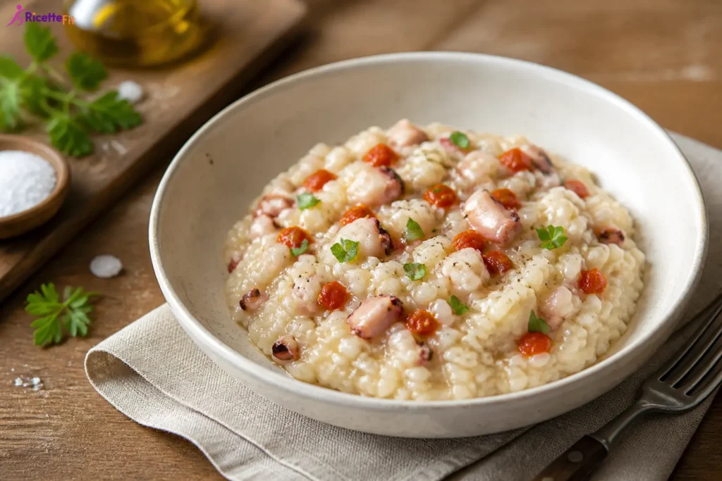 Riso cremoso con anelli di totano, peperone rosso e prezzemolo